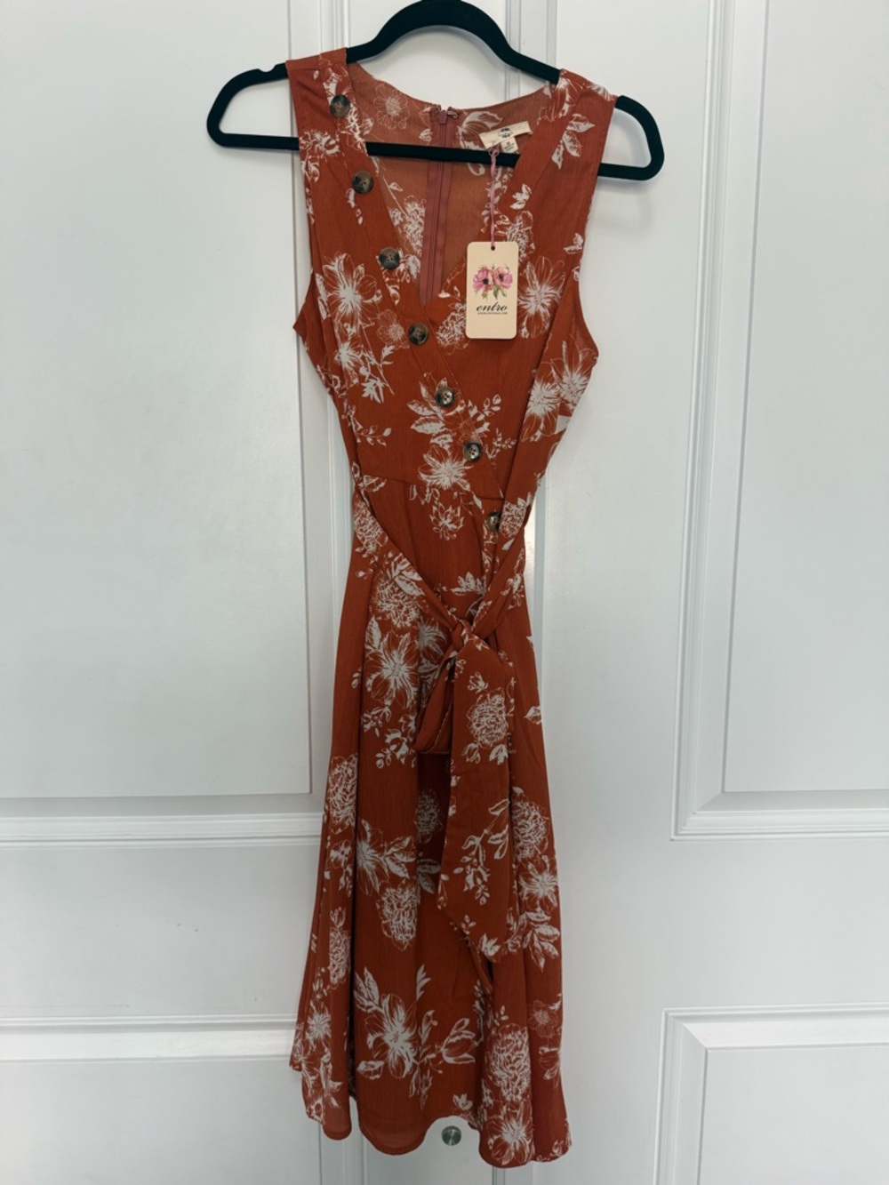 entro Rust Floral Button-Front Midi Dress with Self-Tie NWT